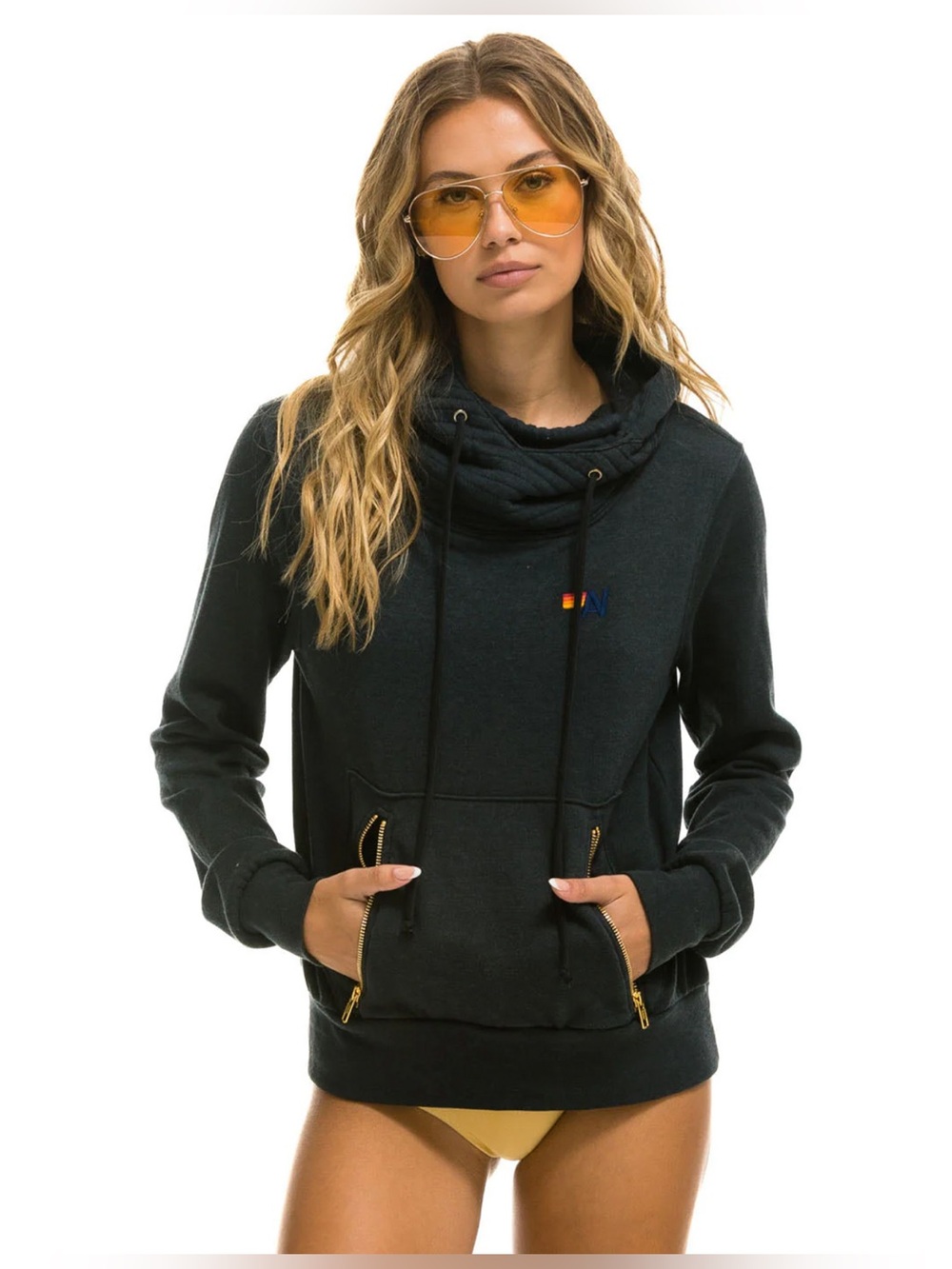 Aviator Nation Ninja Pullover Hoodie Charcoal Cowl Neck Zip Pockets Size Small